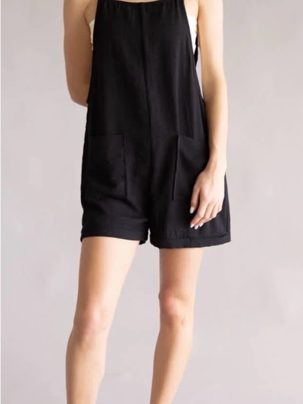 Nicole Miller Black Sleeveless Romper with Front Patch Pockets